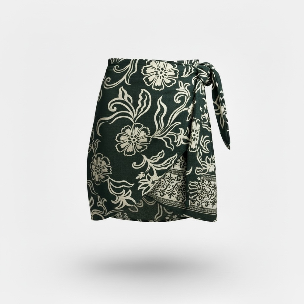 Free People Dark Green & Cream Floral Wrap Mini Skirt